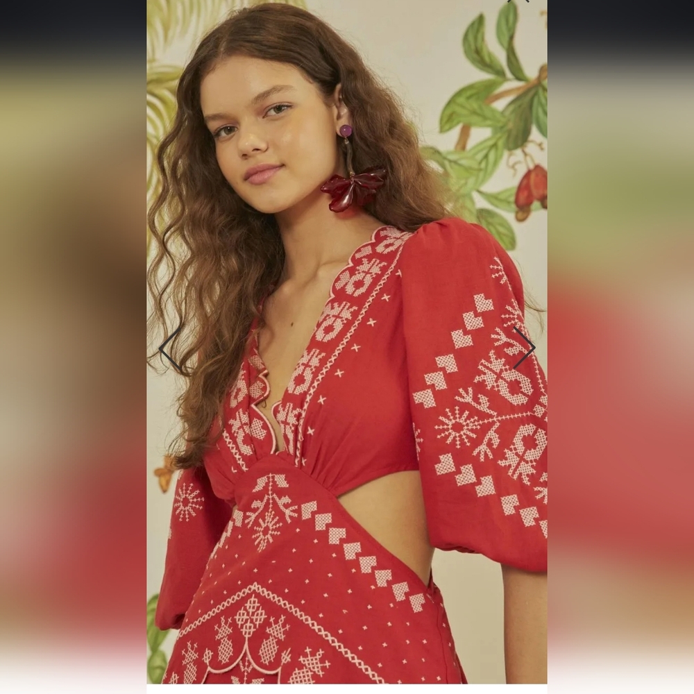 FARM Rio Brazil Red Embroided Dress Puff Sleeves Size L - Picture 4 of 13